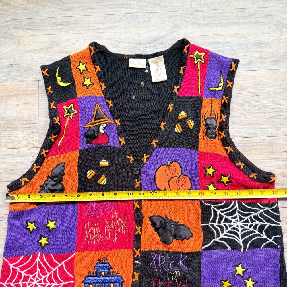 Vintage Halloween Sweater Patchwork Vest XL Witch Pumpkin Bat 90s Knit Kitschy - Picture 6 of 10